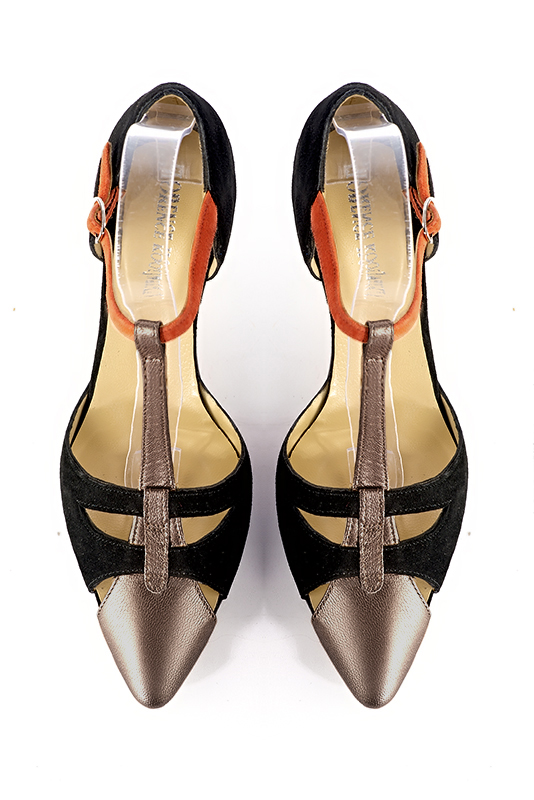 Bronze gold, matt black and terracotta orange women's T-strap open side shoes. Tapered toe. Medium comma heels. Top view - Florence KOOIJMAN